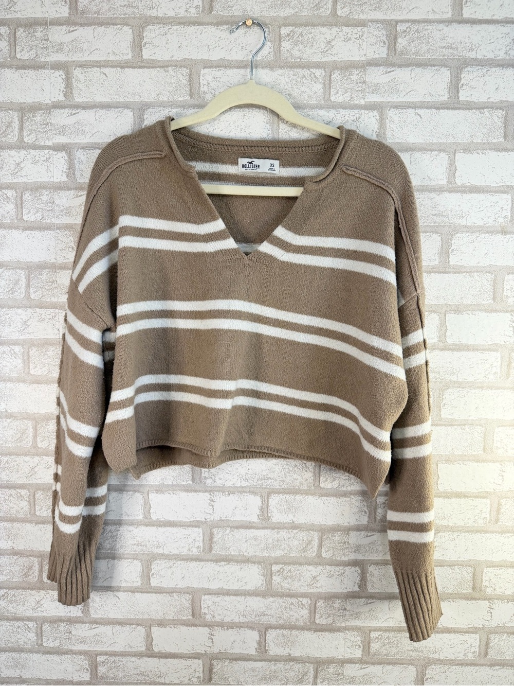 Hollister Taupe & Cream Striped V-Neck Cropped Sweater